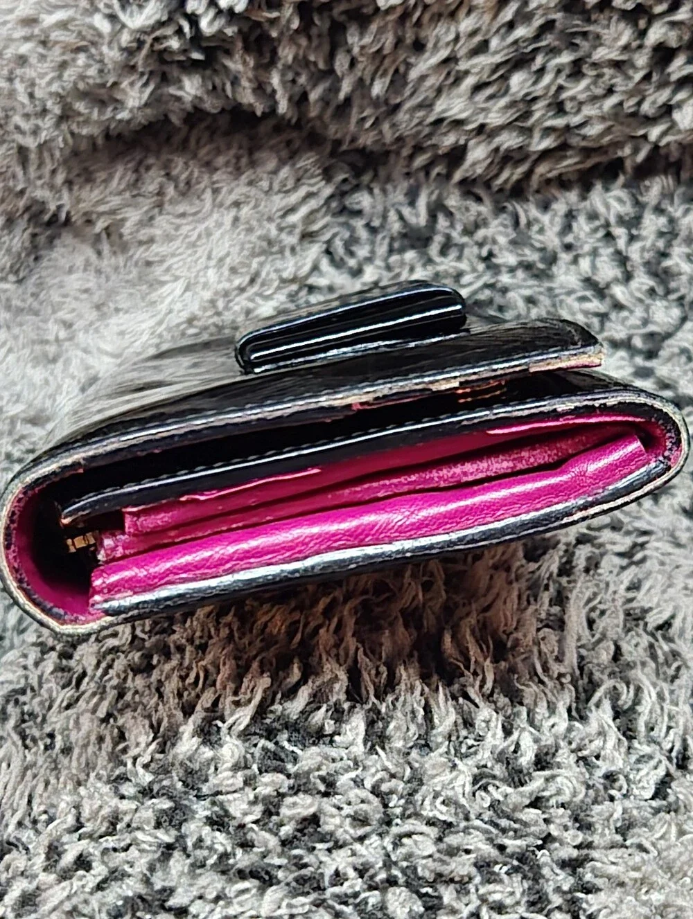 EUC Miu Miu Black Patent Leather Flap Long Wallet - Hot Pink Interior